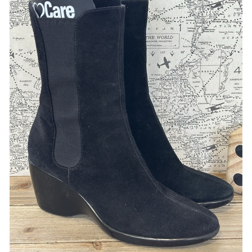 Anne Klein Comfort Wedge Boots Black Grunge Pull On Akcaden Women's 7.5 M